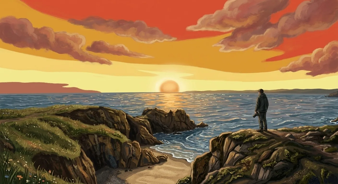 Ilustración de un atardecer en la costa: a la izquierda como imagen y a la derecha convertida en patrón de punto de cruz